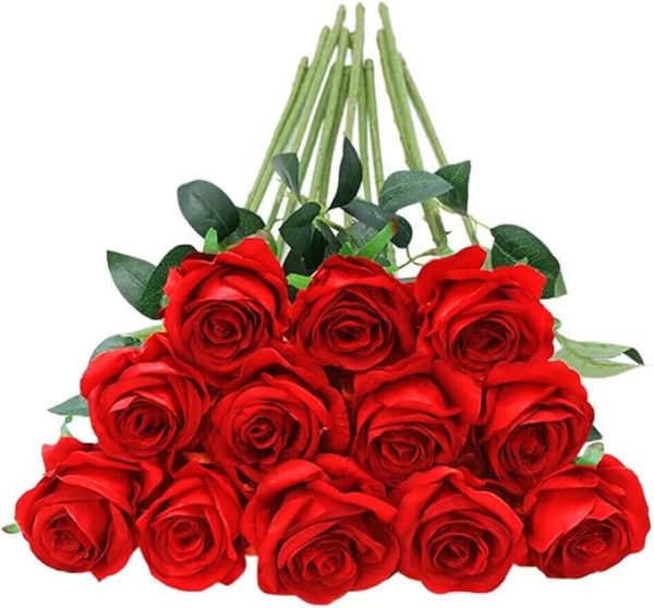 Tifuly Red Roses Artificial Flowers -12 pcs Realistic Single Long Stem Fake Silk Roses Bouquet for Party Home Wedding Centerpiece Office Valentine's Day DIY Decor