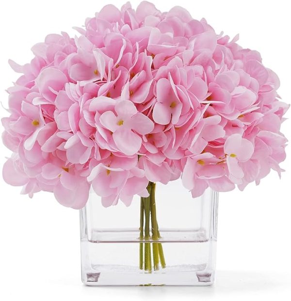 Silk Pink Hydrangea Artificial Flowers in Vase with Faux Water, Silk Flower Arrangements in Vase for Home Decor, Wedding Table (Pink)
