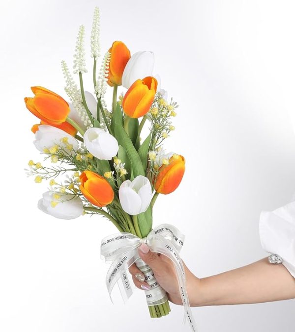 White and Orange Faux Tulips Bouquet, Soft Rubber Baterial Artificial Tulips, Touch Real Fake Tulips, Home Decor Tulips, Bridal Wedding Bouquets, Wedding Decor Tulips